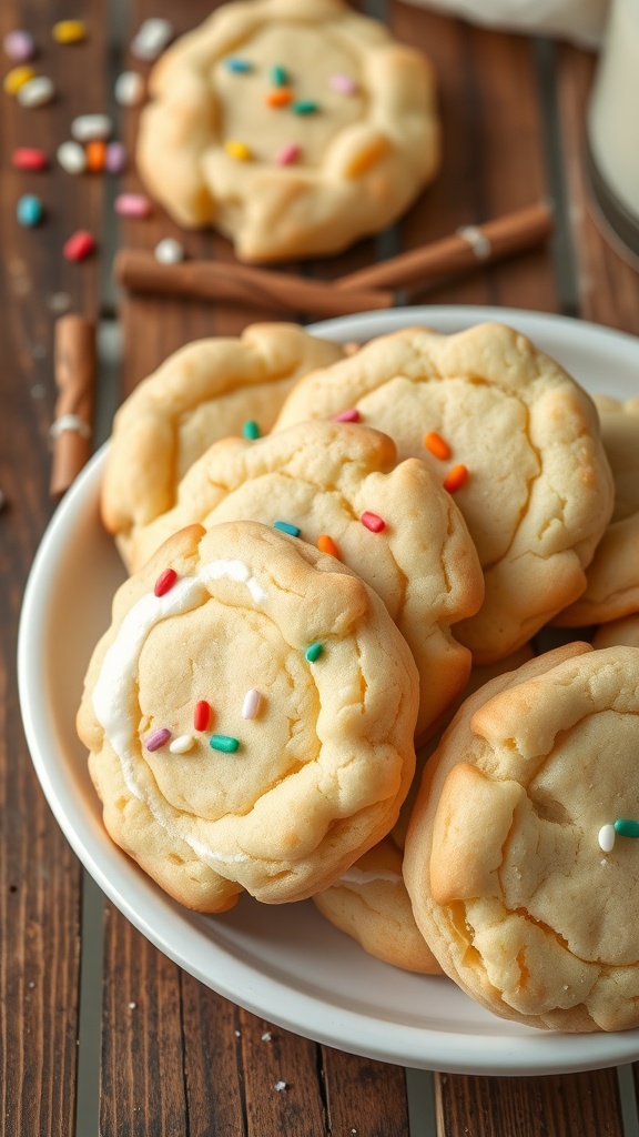 A plate of golden vanilla sugar cookies sprinkled with colorful nonpareils on a rustic wooden table.